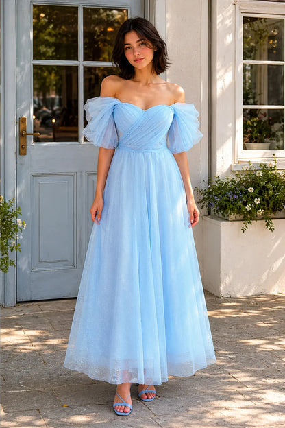 Sparkling A-Line Off-Shoulder Puffy Light Blue Tea-Length Homecoming Dress