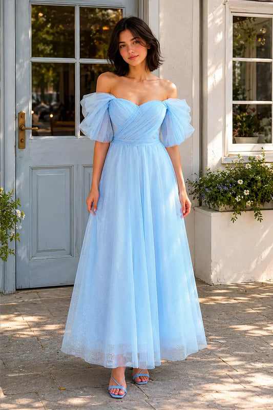 Sparkling A-Line Off-Shoulder Puffy Light Blue Tea-Length Homecoming Dress