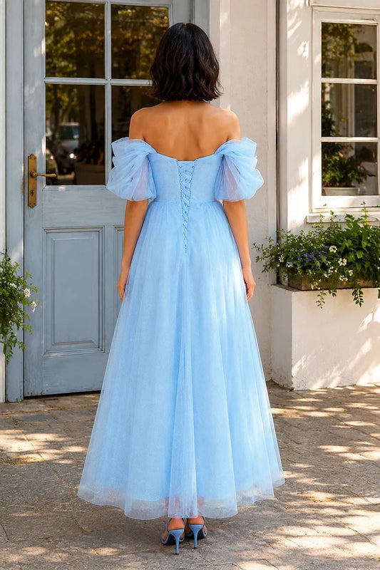 Sparkling A-Line Off-Shoulder Puffy Light Blue Tea-Length Homecoming Dress
