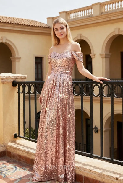 Sparkling A-Line Off-Shoulder Sweetheart Rose Gold Sequin Floor-Length Prom Dress