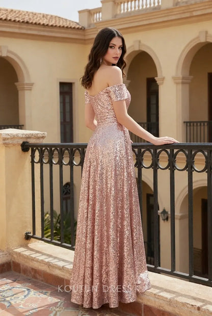 Sparkling A-Line Off-Shoulder Sweetheart Rose Gold Sequin Floor-Length Prom Dress