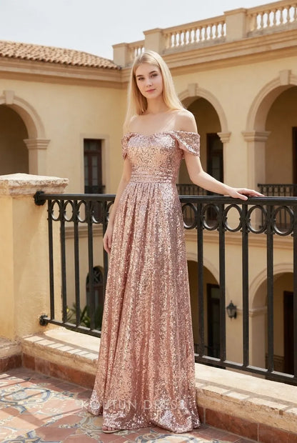Sparkling A-Line Off-Shoulder Sweetheart Rose Gold Sequin Floor-Length Prom Dress
