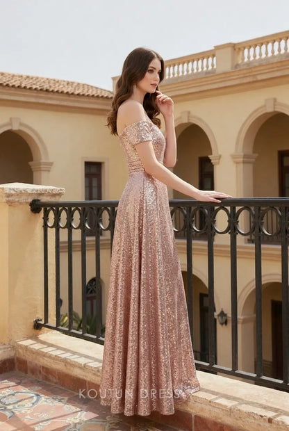 Sparkling A-Line Off-Shoulder Sweetheart Rose Gold Sequin Floor-Length Prom Dress