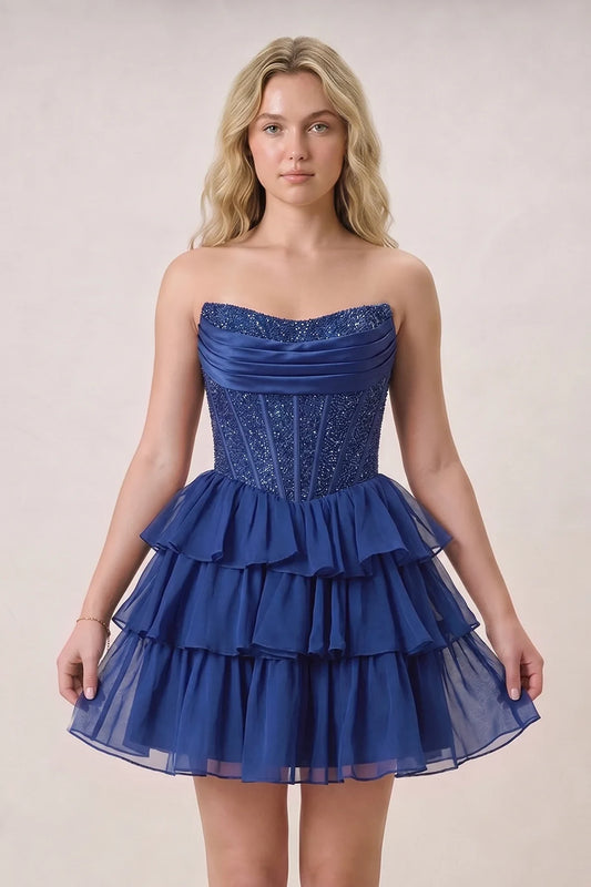 Sparkling A-Line Strapless Beaded Ruffled Navy Blue Short Homecoming Dresses For Her