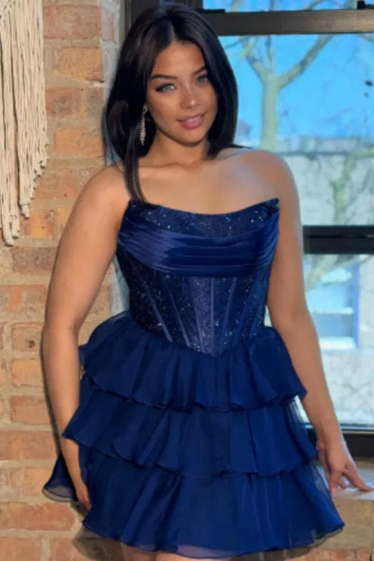 Sparkling A-Line Strapless Beaded Ruffled Navy Blue Short Homecoming Dresses For Her