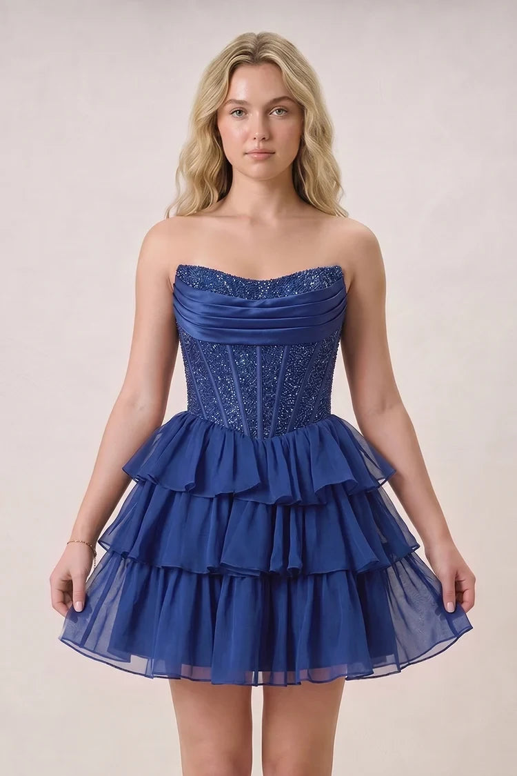Sparkling A-Line Strapless Beaded Ruffled Navy Blue Short Homecoming Dresses For Her