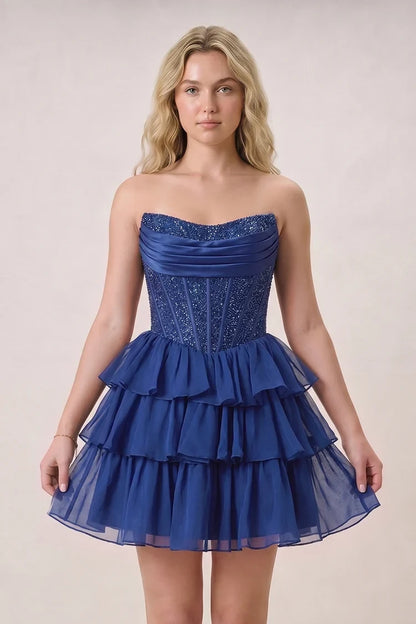 Sparkling A-Line Strapless Beaded Ruffled Navy Blue Short Homecoming Dresses For Her