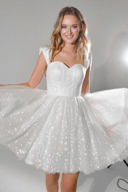 Sparkling A-Line Sweetheart Cap Sleeve Chic White Short Wedding Dress for Brides