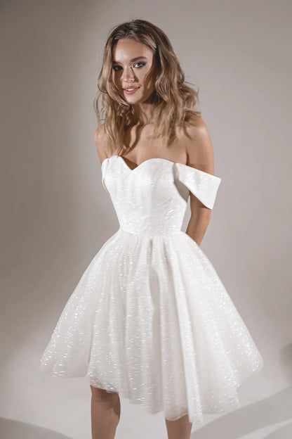 Sparkling A-Line Sweetheart Cap Sleeve Chic White Short Wedding Dress for Brides