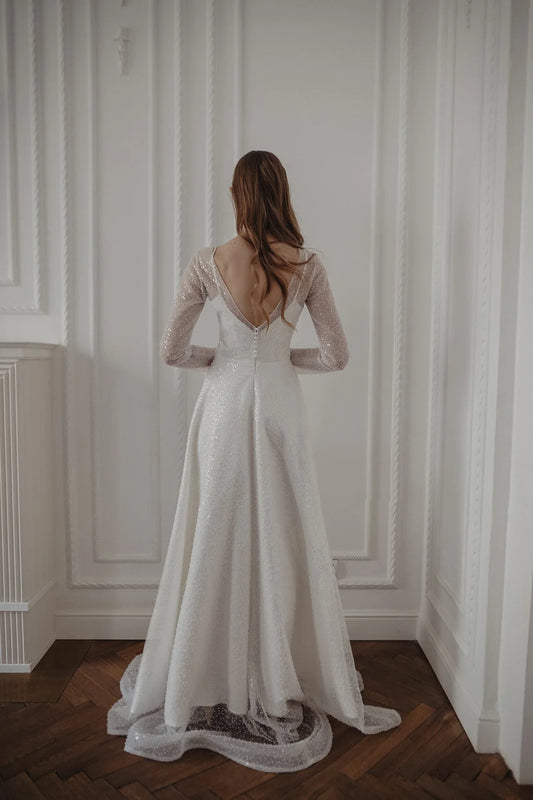 Sparkling A-Line Sweetheart Long Sleeve Shimmering White Floor-Length Wedding Gown