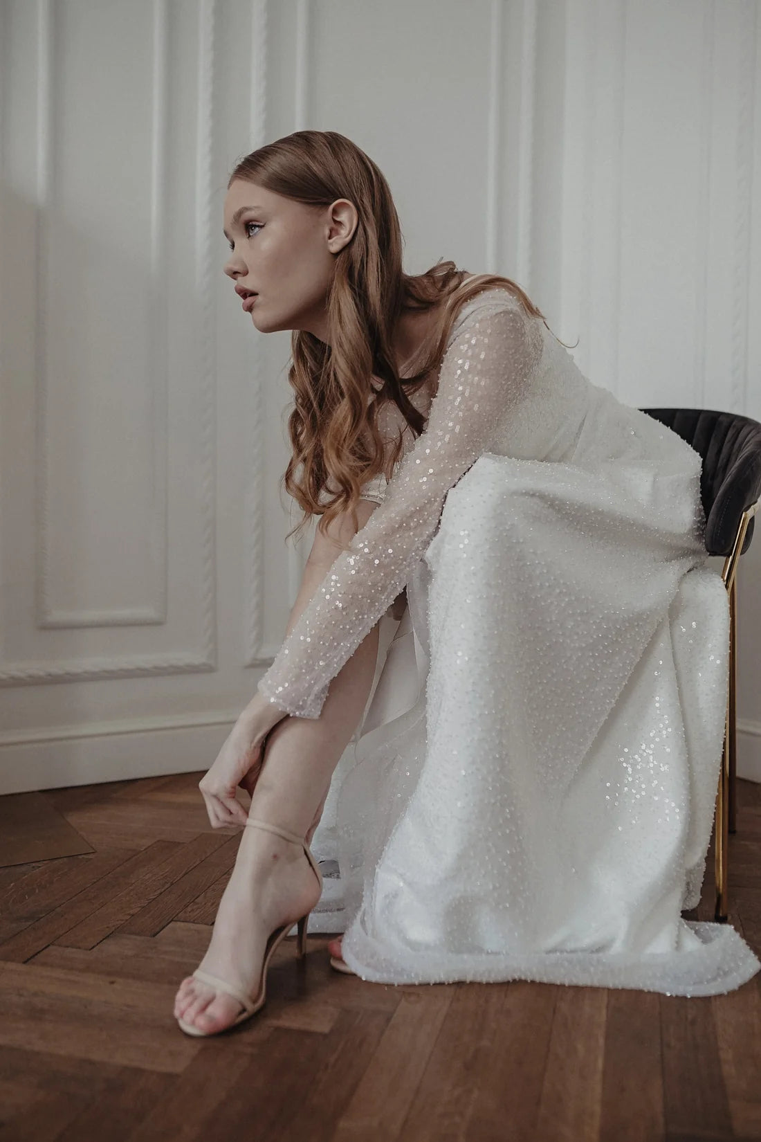 Sparkling A-Line Sweetheart Long Sleeve Shimmering White Floor-Length Wedding Gown