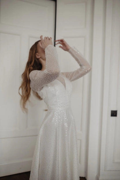 Sparkling A-Line Sweetheart Long Sleeve Shimmering White Floor-Length Wedding Gown