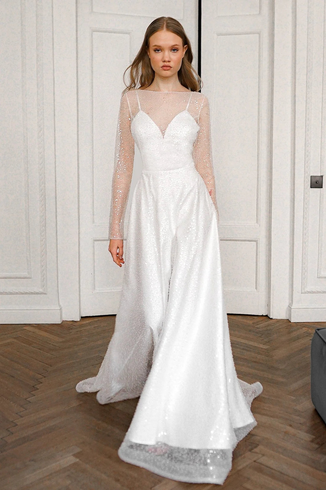Sparkling A-Line Sweetheart Long Sleeve Shimmering White Floor-Length Wedding Gown