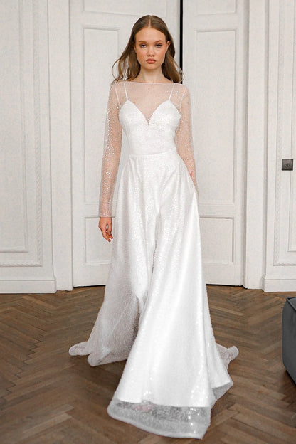 Sparkling A-Line Sweetheart Long Sleeve Shimmering White Floor-Length Wedding Gown