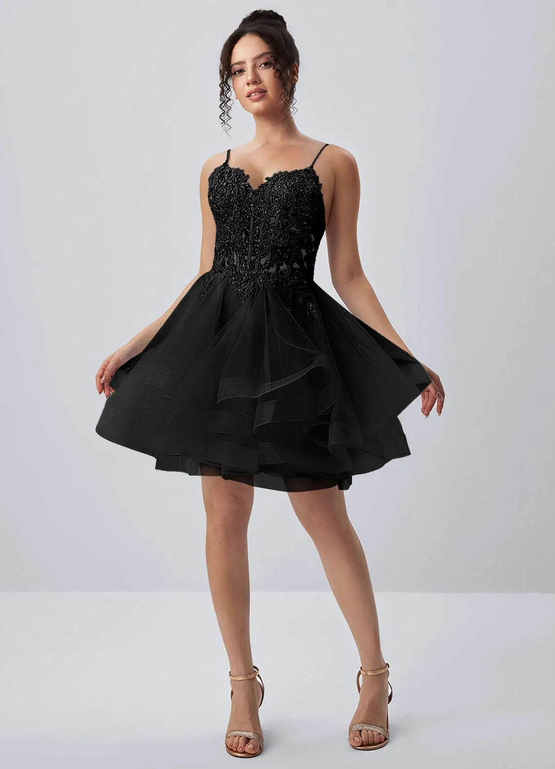 Sparkling A-Line Sweetheart Sleeveless Beaded Tiered Black Short Homecoming Dress