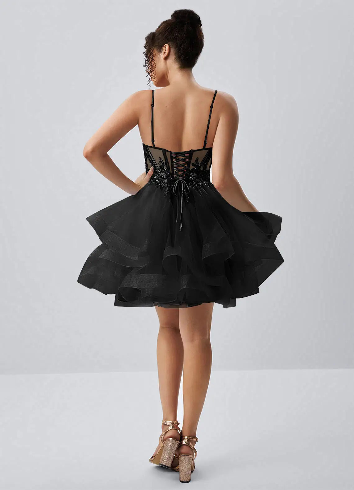 Sparkling A-Line Sweetheart Sleeveless Beaded Tiered Black Short Homecoming Dress