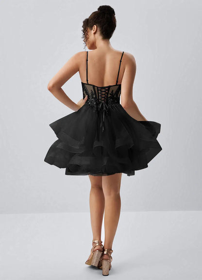 Sparkling A-Line Sweetheart Sleeveless Beaded Tiered Black Short Homecoming Dress