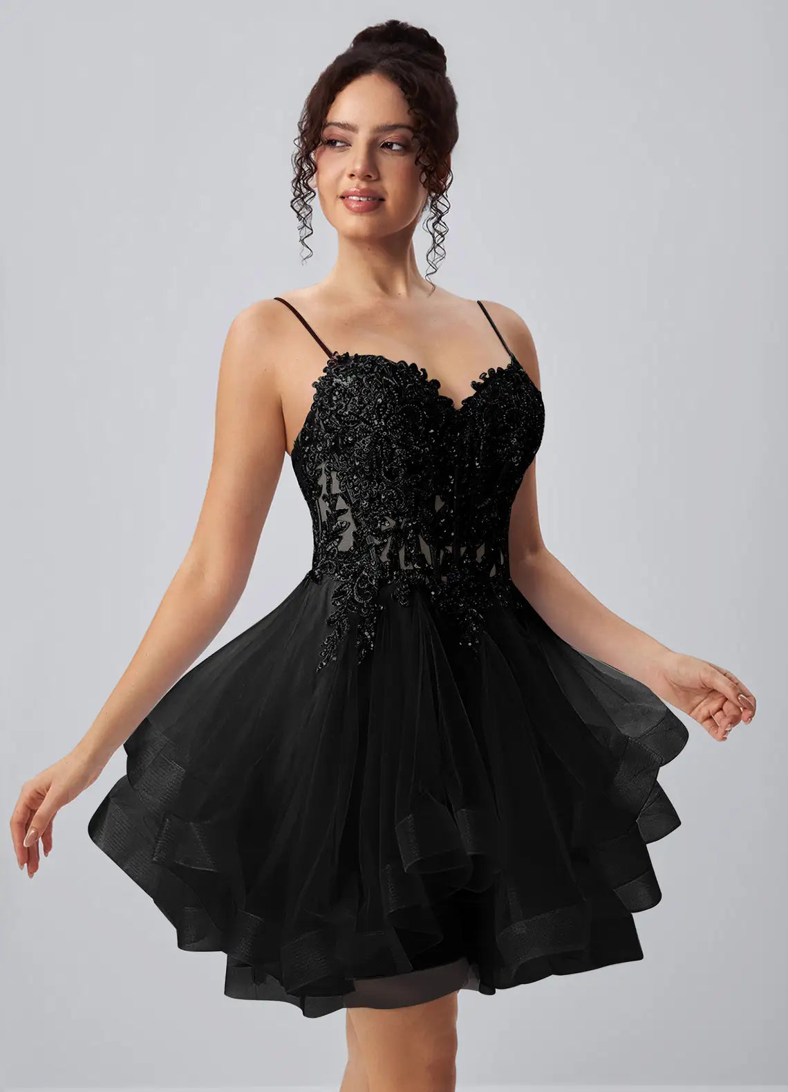 Sparkling A-Line Sweetheart Sleeveless Beaded Tiered Black Short Homecoming Dress