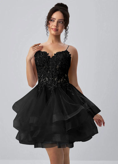 Sparkling A-Line Sweetheart Sleeveless Beaded Tiered Black Short Homecoming Dress