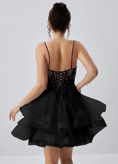 Sparkling A-Line Sweetheart Sleeveless Beaded Tiered Black Short Homecoming Dress
