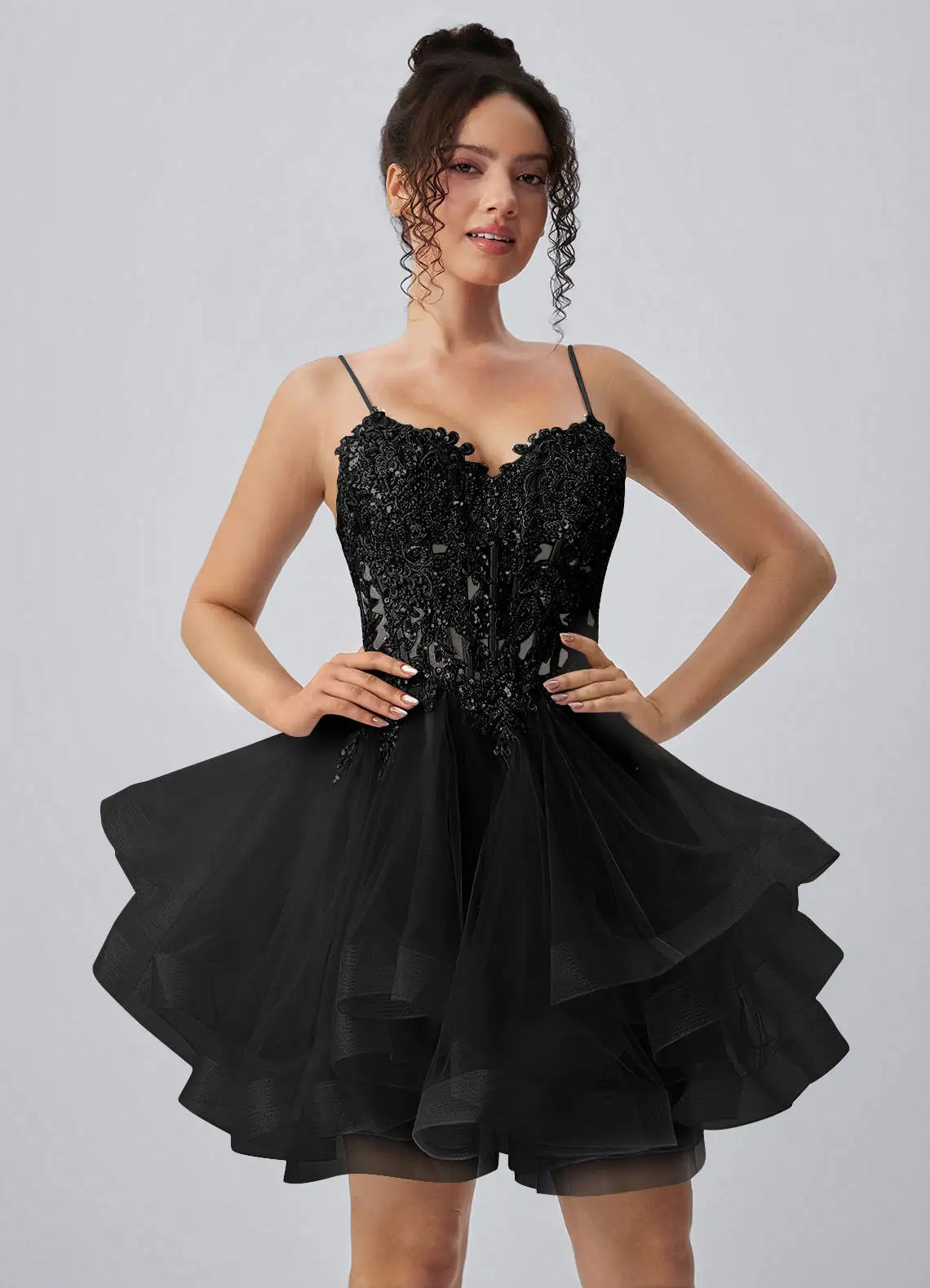 Sparkling A-Line Sweetheart Sleeveless Beaded Tiered Black Short Homecoming Dress