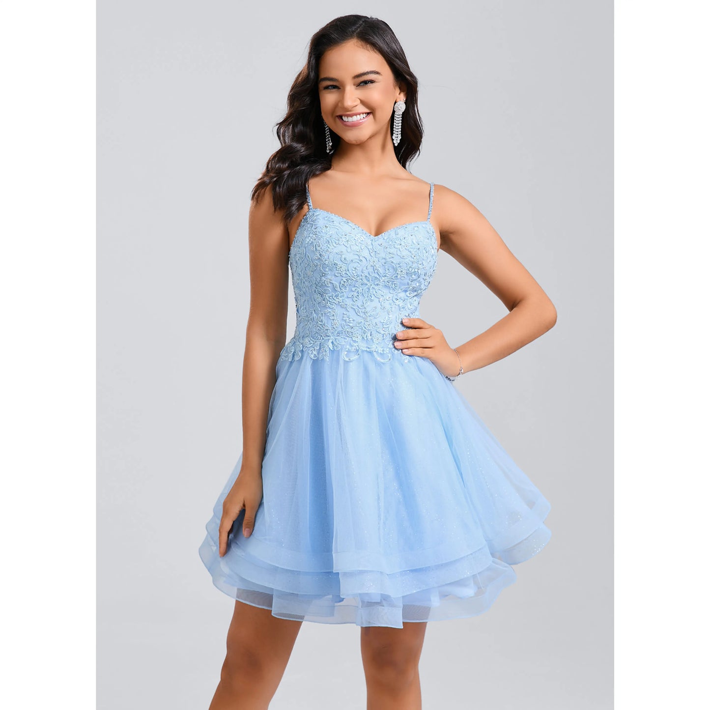 Sparkling A-Line Sweetheart Sleeveless Embroidered Light Blue Short Homecoming Dress
