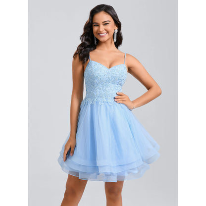 Sparkling A-Line Sweetheart Sleeveless Embroidered Light Blue Short Homecoming Dress