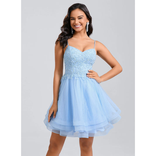 Sparkling A-Line Sweetheart Sleeveless Embroidered Light Blue Short Homecoming Dress