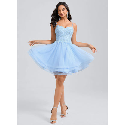 Sparkling A-Line Sweetheart Sleeveless Embroidered Light Blue Short Homecoming Dress