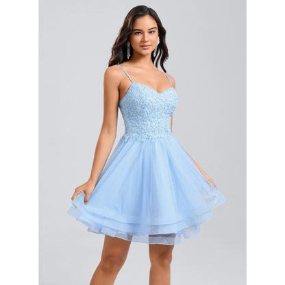 Sparkling A-Line Sweetheart Sleeveless Embroidered Light Blue Short Homecoming Dress