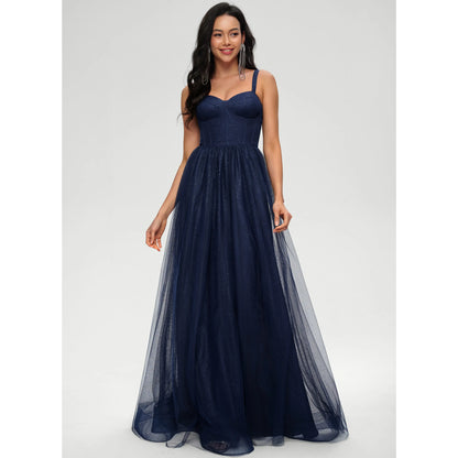 Sparkling A-Line Sweetheart Sleeveless Glittering Navy Blue Floor-Length Women's Prom Dress