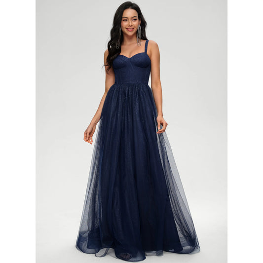 Sparkling A-Line Sweetheart Sleeveless Glittering Navy Blue Floor-Length Women's Prom Dress