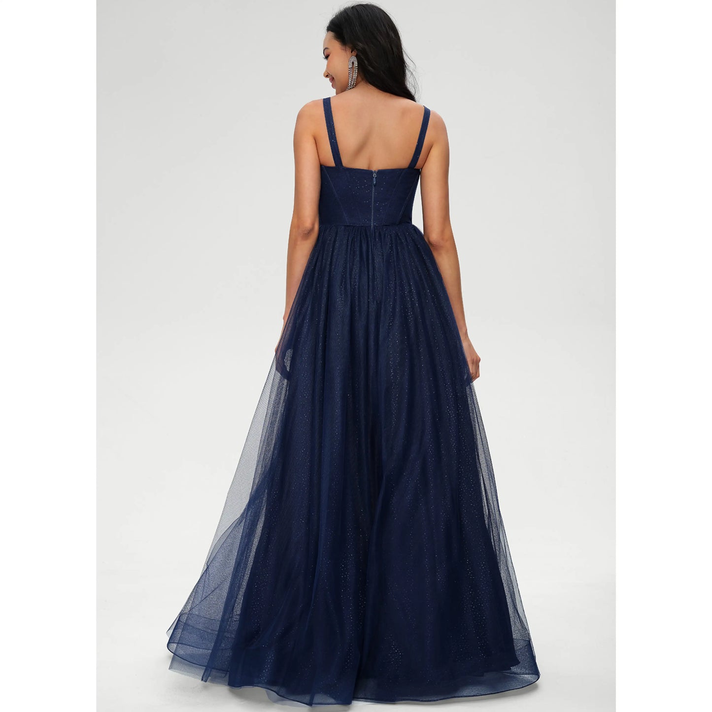 Sparkling A-Line Sweetheart Sleeveless Glittering Navy Blue Floor-Length Women's Prom Dress