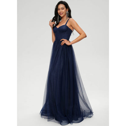 Sparkling A-Line Sweetheart Sleeveless Glittering Navy Blue Floor-Length Women's Prom Dress