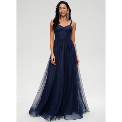 Sparkling A-Line Sweetheart Sleeveless Glittering Navy Blue Floor-Length Women's Prom Dress