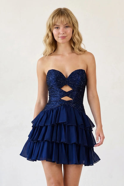 Sparkling A-Line Sweetheart Strapless Sequined Ruffled Navy Blue Short Homecoming Dress
