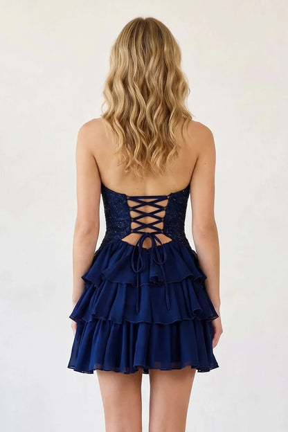 Sparkling A-Line Sweetheart Strapless Sequined Ruffled Navy Blue Short Homecoming Dress