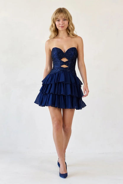 Sparkling A-Line Sweetheart Strapless Sequined Ruffled Navy Blue Short Homecoming Dress