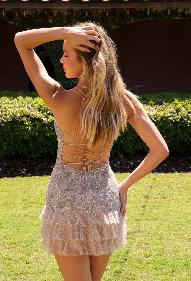 Sparkling A-Line V-Neck Sleeveless Beaded Sequin Nude Short Homecoming Dress