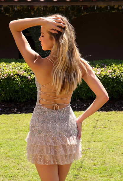Sparkling A-Line V-Neck Sleeveless Beaded Sequin Nude Short Homecoming Dress