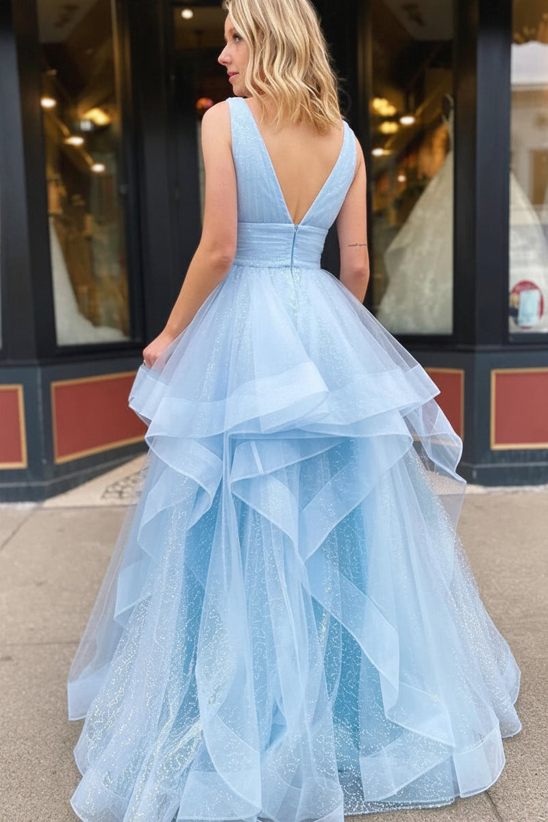 Sparkling A-Line V-Neck Sleeveless Tiered Glitter Light Blue Floor-Length Prom Dress
