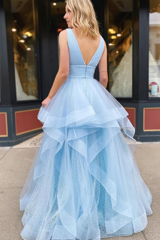 Sparkling A-Line V-Neck Sleeveless Tiered Glitter Light Blue Floor-Length Prom Dress