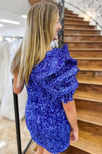 Sparkling Bodycon One-Shoulder Ruffled Chic Royal Blue Short Homecoming Dress
