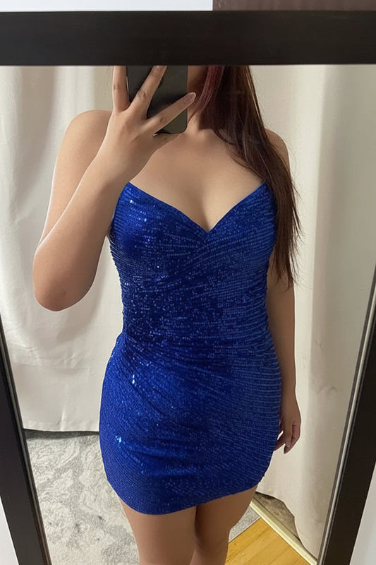 Sparkling Bodycon Sweetheart Sleeveless Sequin Lace-Up Royal Blue Mini Homecoming Dress