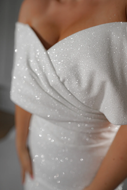 Sparkling Draped Mermaid Off-Shoulder White Floor-Length Wedding Dresses Bridal Gown