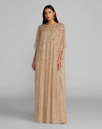 Sparkling Flowy Round Neck Batwing Sequin Champagne Gold Floor-Length Mother of the Bride Gown