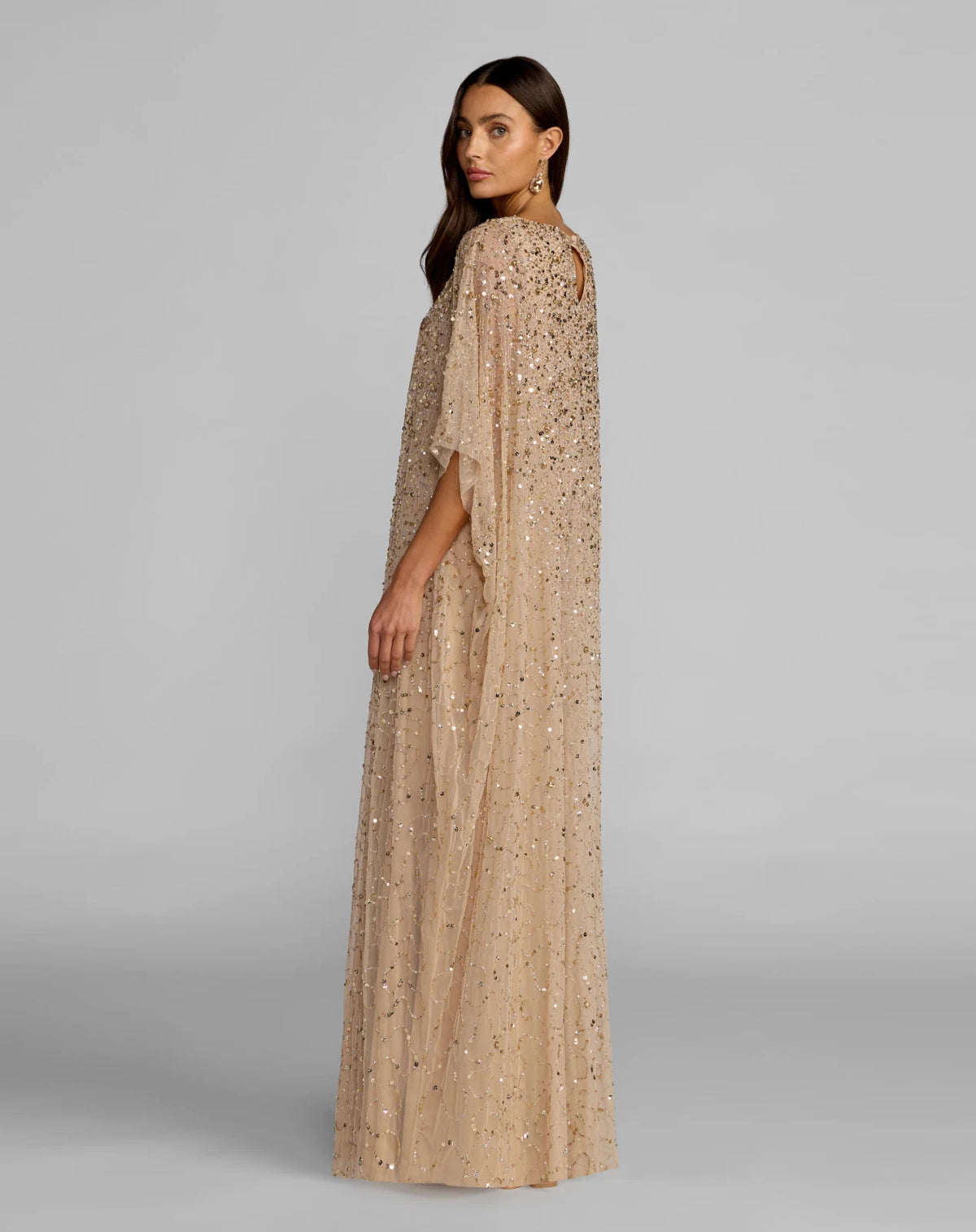 Sparkling Flowy Round Neck Batwing Sequin Champagne Gold Floor-Length Mother of the Bride Gown