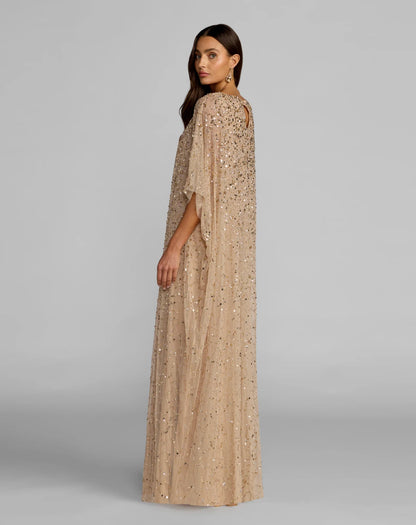 Sparkling Flowy Round Neck Batwing Sequin Champagne Gold Floor-Length Mother of the Bride Gown