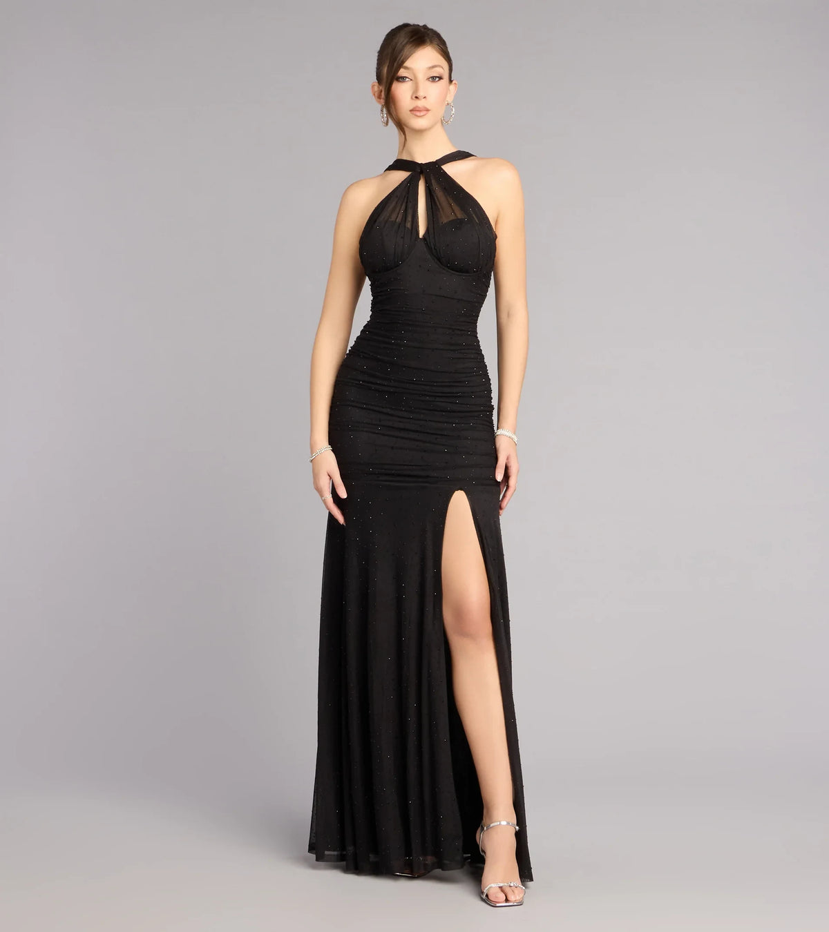 Sparkling Mermaid Halter Neck Sleeveless Ruched Slit Black Floor-Length Evening Gown