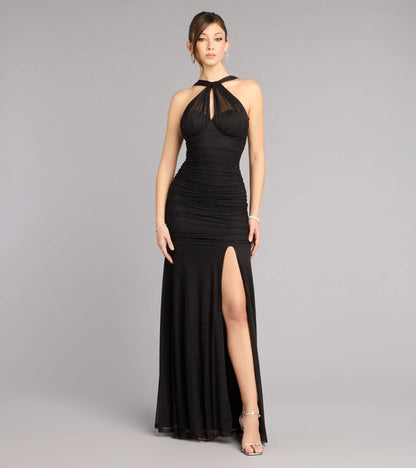 Sparkling Mermaid Halter Neck Sleeveless Ruched Slit Black Floor-Length Evening Gown